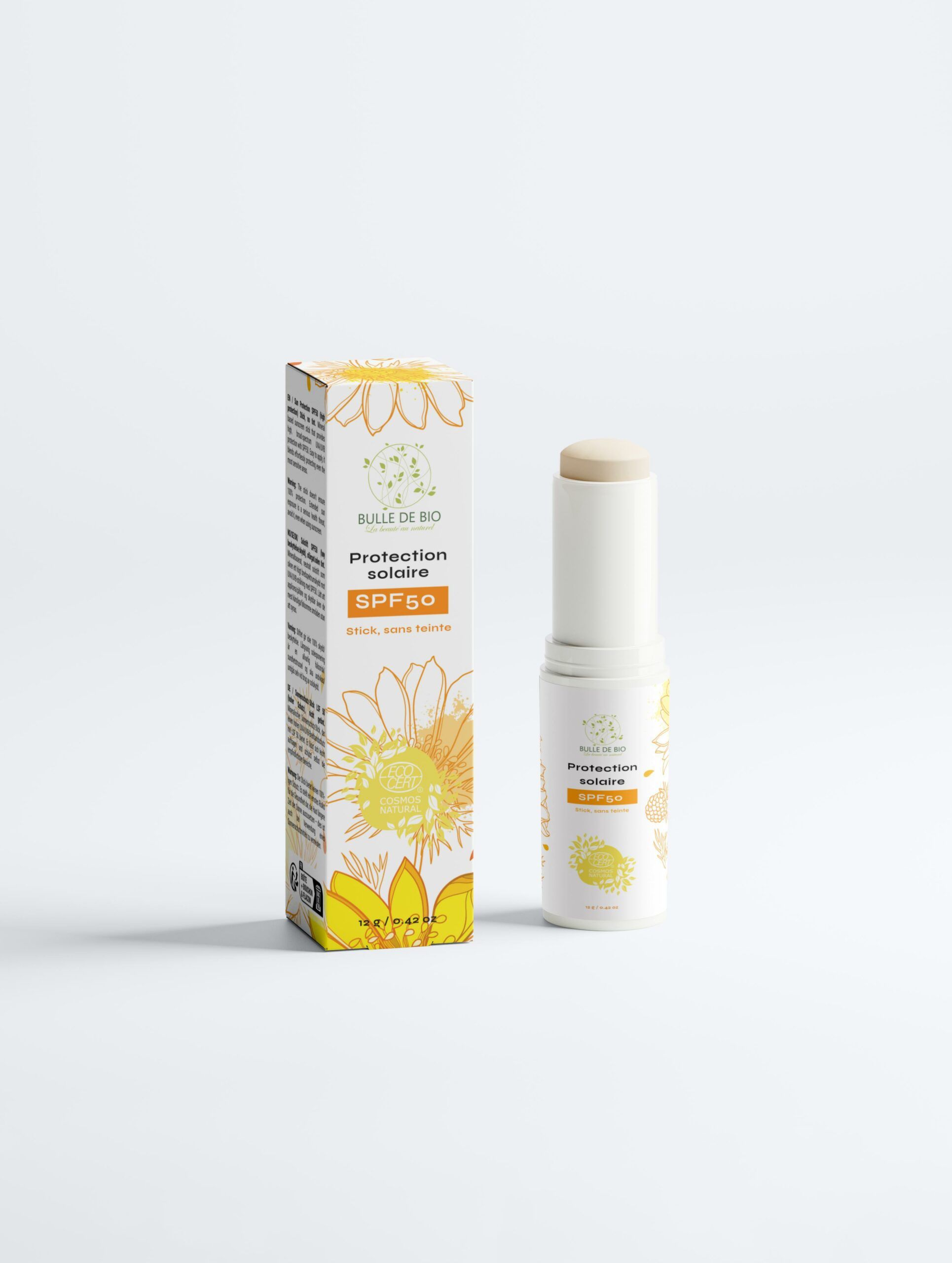 Stick solaire SPF 50 sans teinte pour une protection invisible et pratique du visage et des zones sensibles.