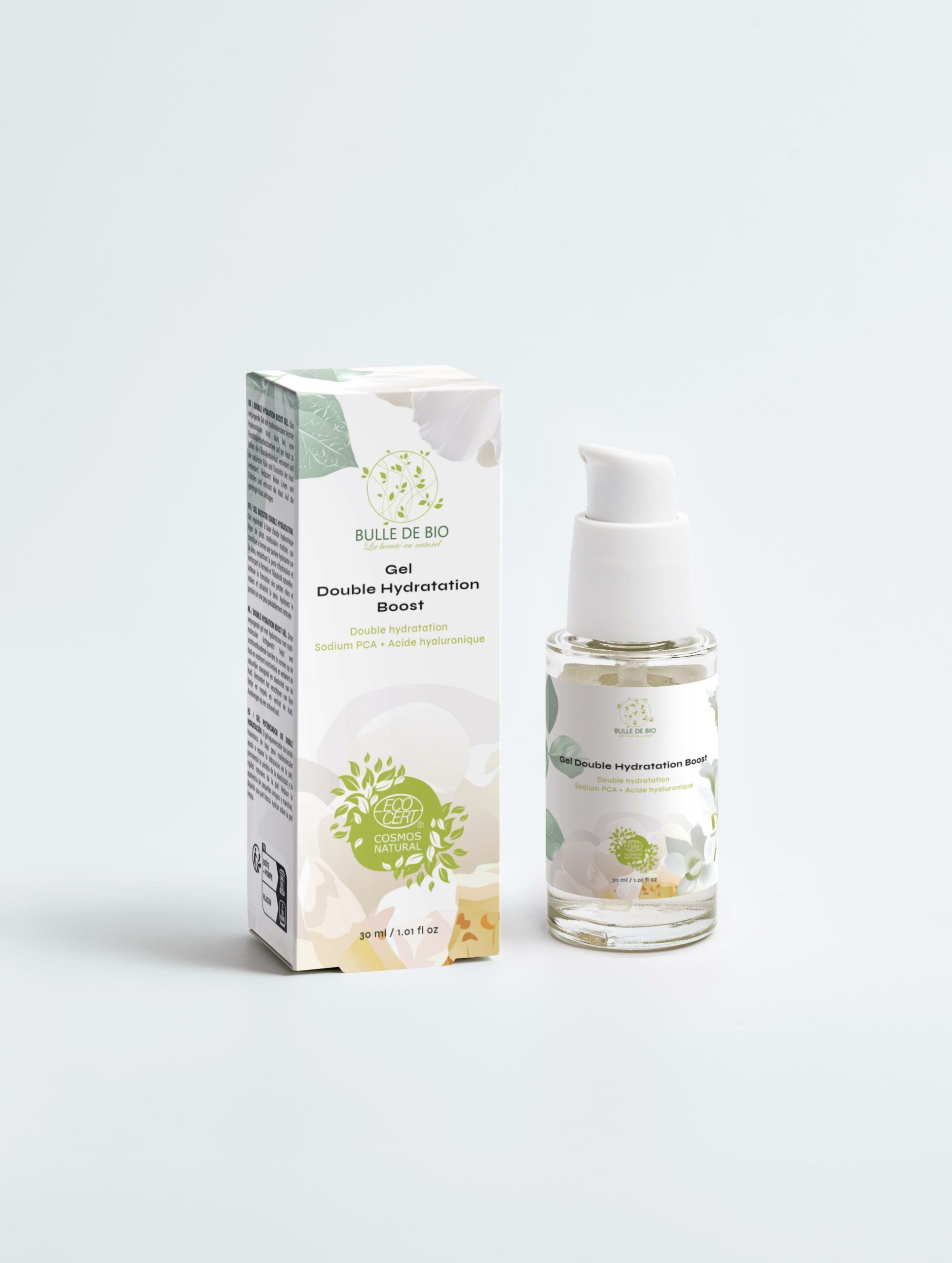 Flacon transparent de gel hydratant double action à l'acide hyaluronique et Sodium PCA