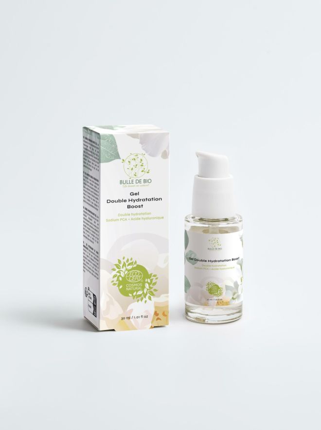 Flacon transparent de gel hydratant double action à l'acide hyaluronique et Sodium PCA