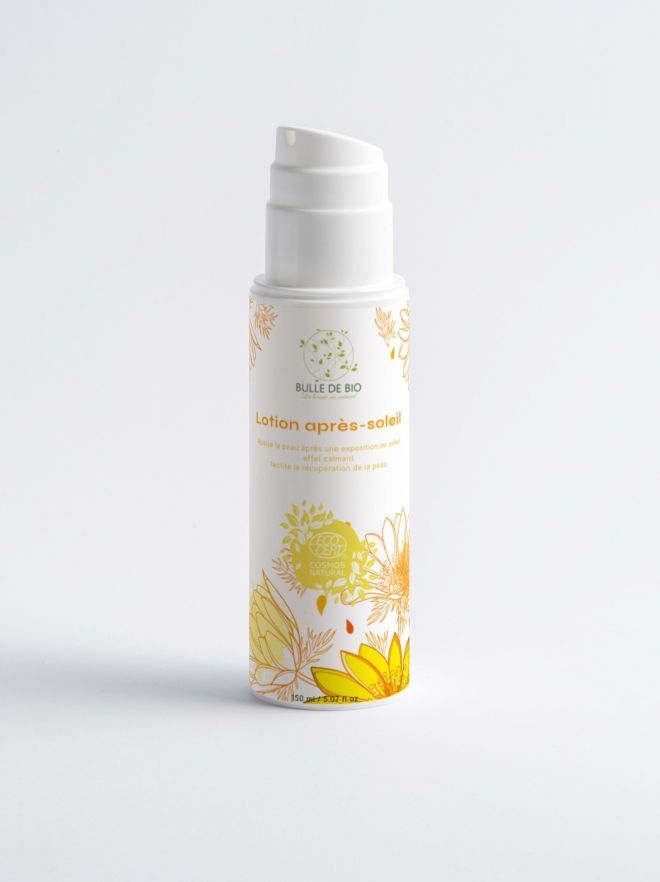 Aloès et autres ingrédients naturels dans la Lotion Après-Soleil Bulle de Bio, pour apaiser et réhydrater la peau après le soleil.