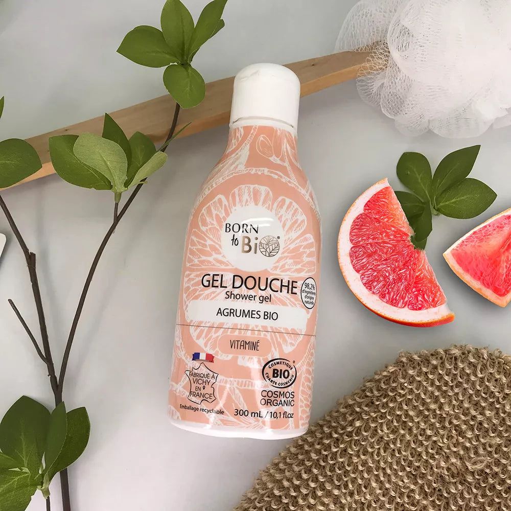 Gel Douche Agrumes Certifié Bio Born to Bio 300ml - Nettoyant doux et rafraîchissant aux agrumes.