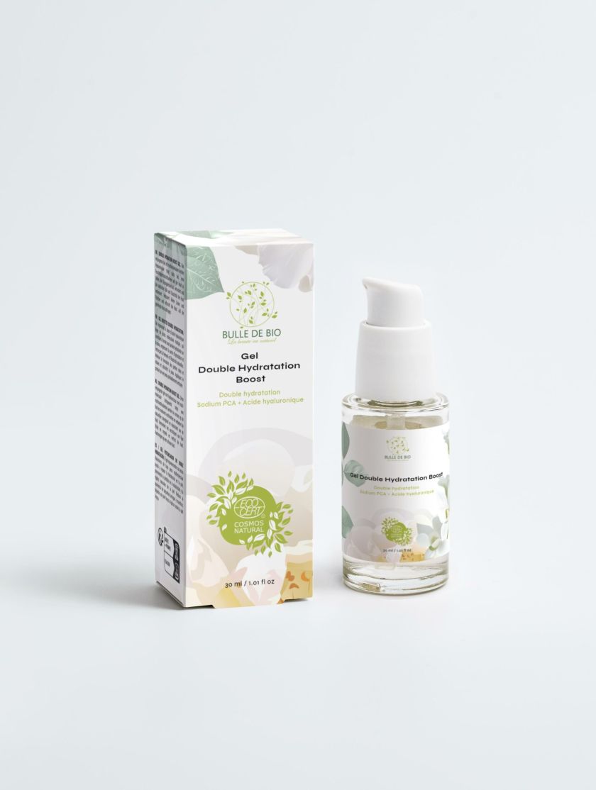 Flacon transparent de gel hydratant double action à l'acide hyaluronique et Sodium PCA
